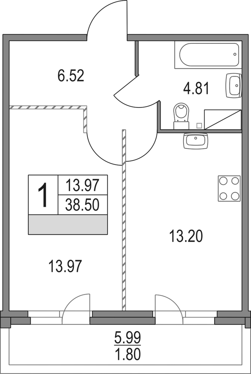 1-комнатная квартира 38.5 м², 2/16 эт., ЖК «Приморский квартал»